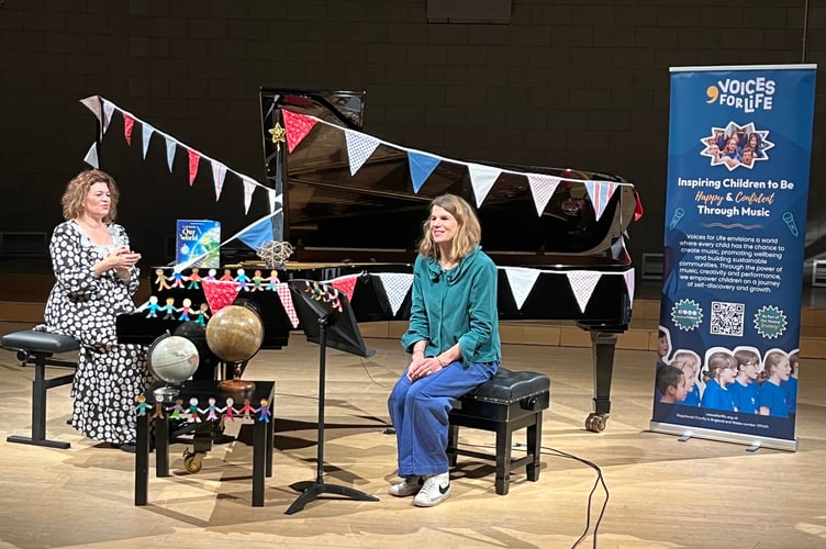 Voices for Life Creative Practitioners Kate Courage (Left) and Emily Pennant-Rea (Right) recording the assembly at Wiltshire Music Centre. 