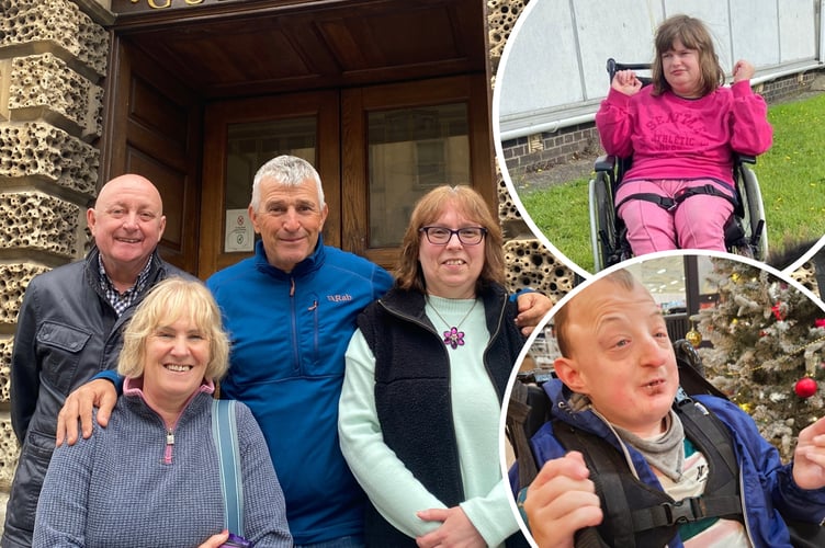 Parents who have campaigned for Newton House to stay open with their children (inset) who use the service. Main image, left to right: Derek Greenman, Julie Franklin, Richard Franklin, and Wendy Lucas. Top inset: Rhiannon Lucas. Bottom inset: Ryan Probert.  (Image: John Wimperis with (top inset) Wendy Lucas and (bottom inset) Julie Franklin)