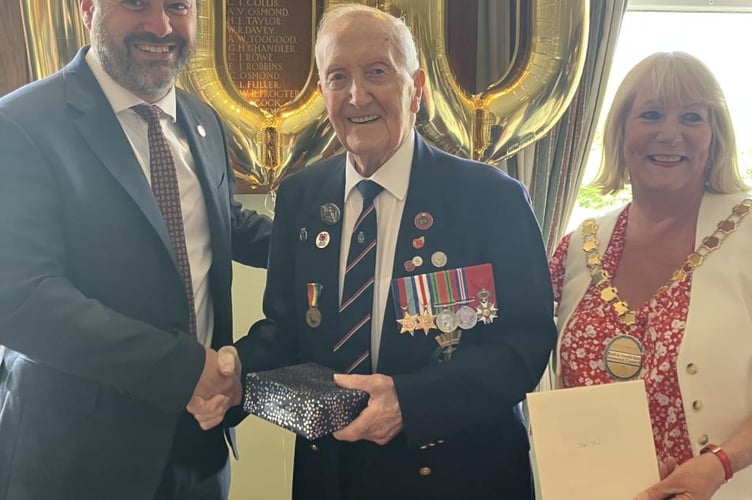 B&NES council leader Councillor Kevin Guy and Cllr Karen Walker celebrating with Stan Ford on his landmark 100th Birthday.