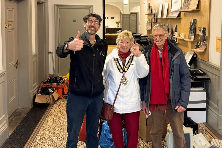 Donate IT founder Simon Barfoot with Frome's mayor Cllr Anita Collier, and Donate IT trustee Chris Simpson.