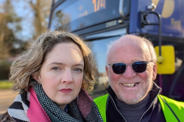 MP Anna Sabine with Peter Travis from Somerset Bus Partnership at the petition launch.