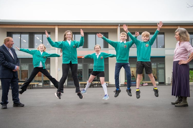 Councillor Paul May with children from St Keyna and Sue MacGrain