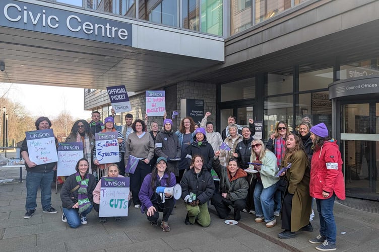Protesting social workers in Keynsham during a one-day strike over pay and a re-structuring exercise.