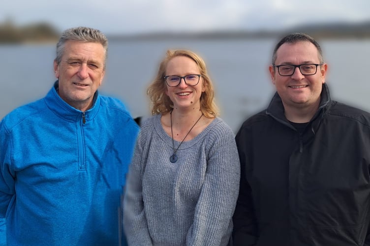 Cllrs David Harding, Anna Box and Mendip Ward Cllr Simon McCombe at Chew Valley Lake.