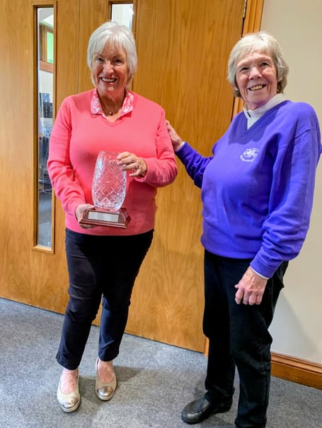 Sue Sweet (left) receiving the Barwell Masters trophy from competition secretary Sonia Probert