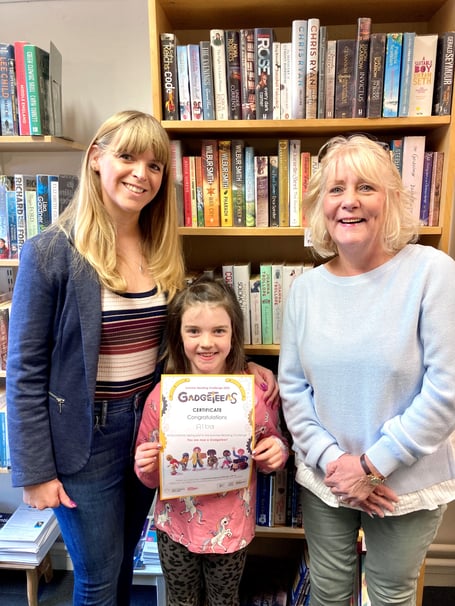 Cllr Karen Walker at Peasedown Community Library with service users Alba and her mum.  