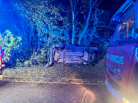 Driver trapped as car crashes and overturns