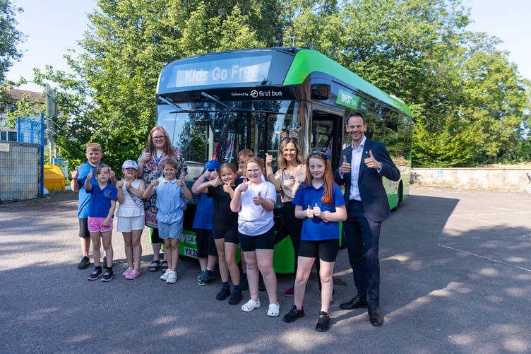 Roads minister, Simon Lightwood visited Bath and met with schoolchildren ahead of the launch of free travel for children this summer.