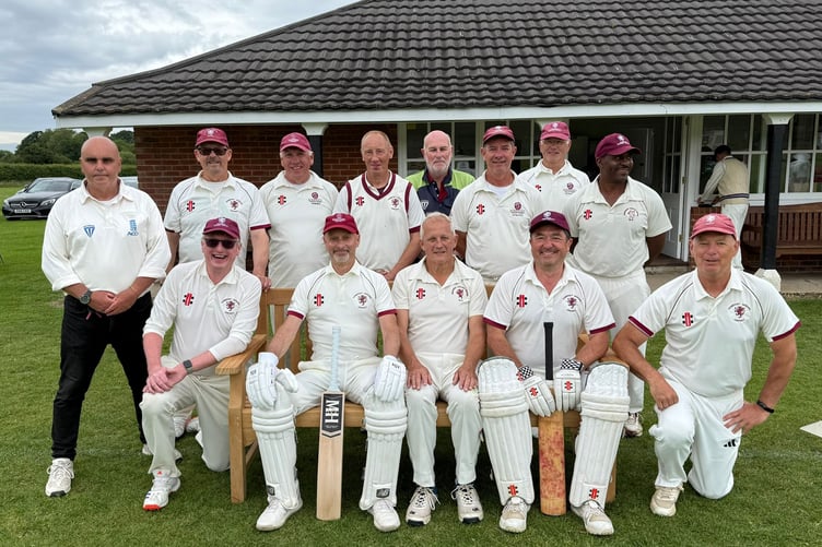 Somerset Over 60s, back left to right: Norman Yaw (umpire), John Courtney, Dave Wilcox, Steve Pigden, Andy Wright (scorer), Ian Thomas, Chris Bourton, Everton Griffiths; front: Andy Carson, Graham Bishop, Martin Strong (capt), Gwyn Randolph, Paul Sparks.