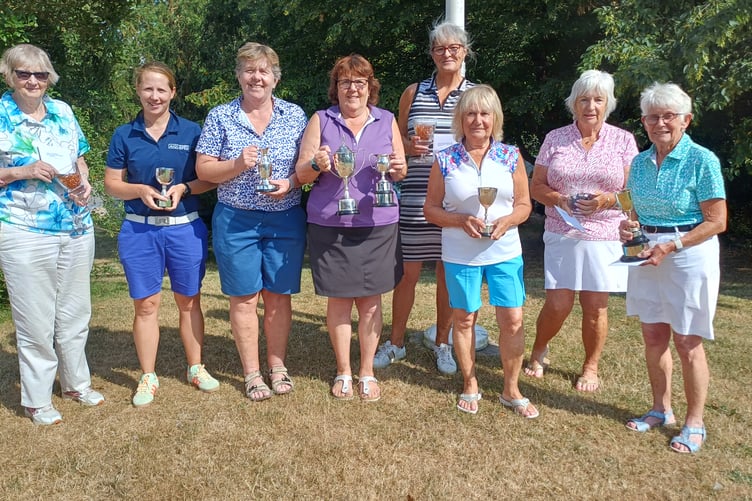 Orchardleigh Ladies Club Championship trophy winners, left to right: Lin Handley, Vicky Eales, Sue Marshall, Sarah Hynds, Jackie Willcox, Marion Underhill, Sue Sweet and Sue Chalker