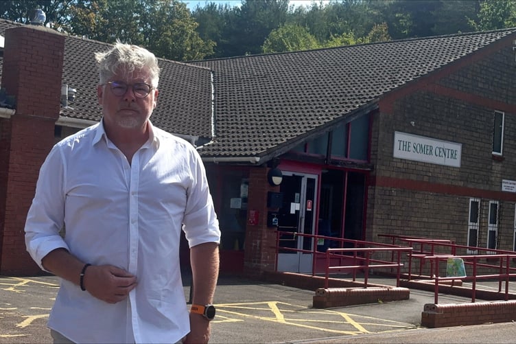 Cllr Shaun Hughes outside The Somer Centre in Midsomer Norton (B&NES Midsomer Norton North).