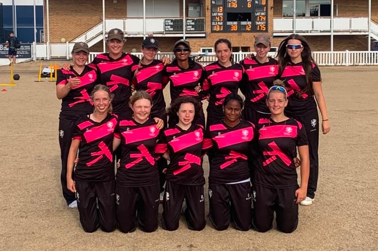 Somerset Under 18s, back, left to right: Verity Clark, Katie Rowe, Charlotte Webber, Laila Moledina, Sophie Pickering, Poppy Hawker, Alice Jaloszynski; front:. Matilda Parfitt, Izzy Glyn-Jones, Emma Mason, Ami Balasubramaniam, Lucy Ashman.
