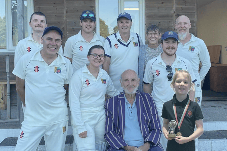 Pictured: Patriarch and Methodists CC stalwart Jim Eyles (first game in 1957 - seated, striped blazer) & from L to R - Mark Robinson (husband of Darcey), Gavin Eyles (oldest son), James Green (grandson), Darcey Robinson (granddaughter, married to Mark), Stuart Green (son-in-law) and wife Charlene Green (daughter), Logan Eyles (grandson), Craig Eyles (youngest son) and finally inset of Elsie Norman (great-granddaughter).