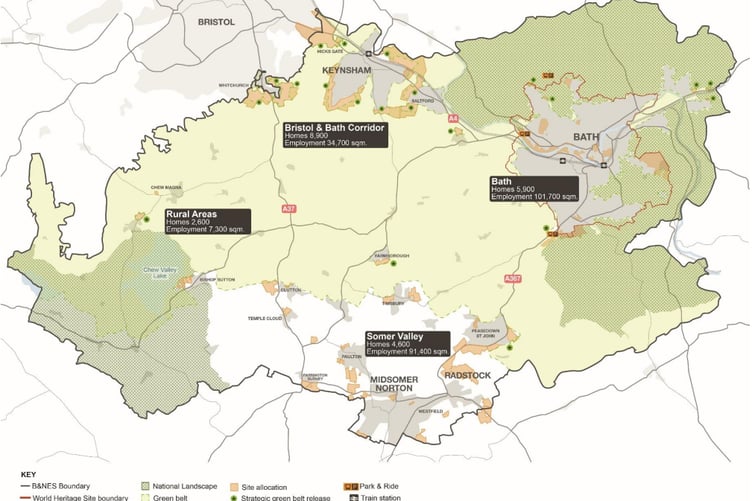 The draft local plan for Bath and North East Somerset, with sites allocated for development shown in orange.